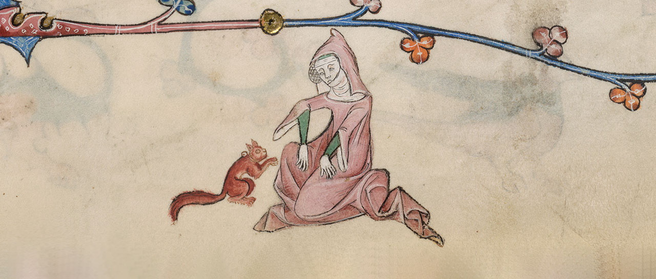 Mittelalterliche Darstellung einer Frau, die mit einem Eichhörnchen spielt.