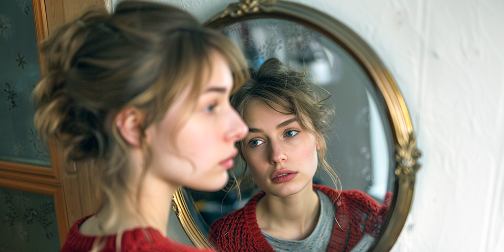A woman and her mirrored self looking in different directions A woman and her mirrored self looking in different directions