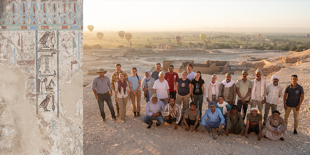 Example of an inscription with highlighted hieroglyphics and a group photo of the excavation team Example of an inscription with highlighted hieroglyphics and a group photo of the excavation team