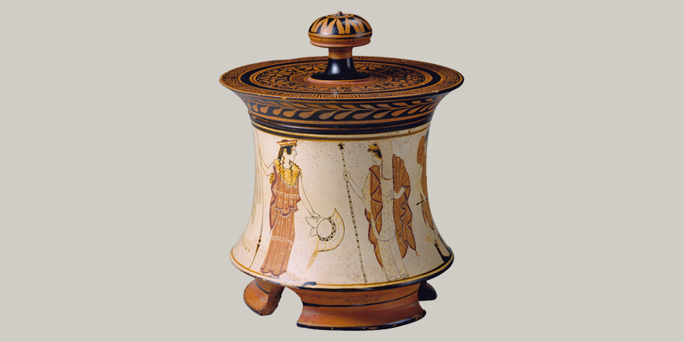 Image of a Terracotta pyxis attributed to the Penthesliea Painter from the classical Period ca. 465-460 before Christ