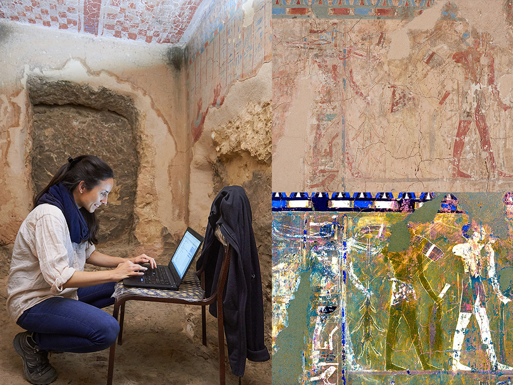 Julianna Paksi in one of the grave chambers, with an example of a mural painting before and after analysis with the software DStretch Julianna Paksi in one of the grave chambers, with an example of a mural painting before and after analysis with the software DStretch