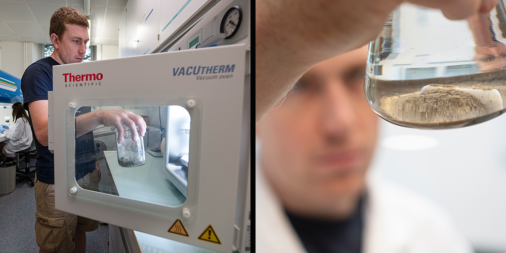 Sebastian Rieder stellt eine Probe in den Trockenschrank (Bild 1). Nach dem Trocknen führt er eine Dichtetrennung durch: Er hält einen Erlenmeyerkolben mit der Sedimentprobe in einer Flüssigkeit (Bild 2). Sebastian Rieder stellt eine Probe in den Trockenschrank (Bild 1). Nach dem Trocknen führt er eine Dichtetrennung durch: Er hält einen Erlenmeyerkolben mit der Sedimentprobe in einer Flüssigkeit (Bild 2).