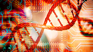 DNA and circuits board concept bioinformatics DNA data storage DNA protein database mining 3d rendering DNA and circuits board concept bioinformatics DNA data storage DNA protein database mining 3d rendering