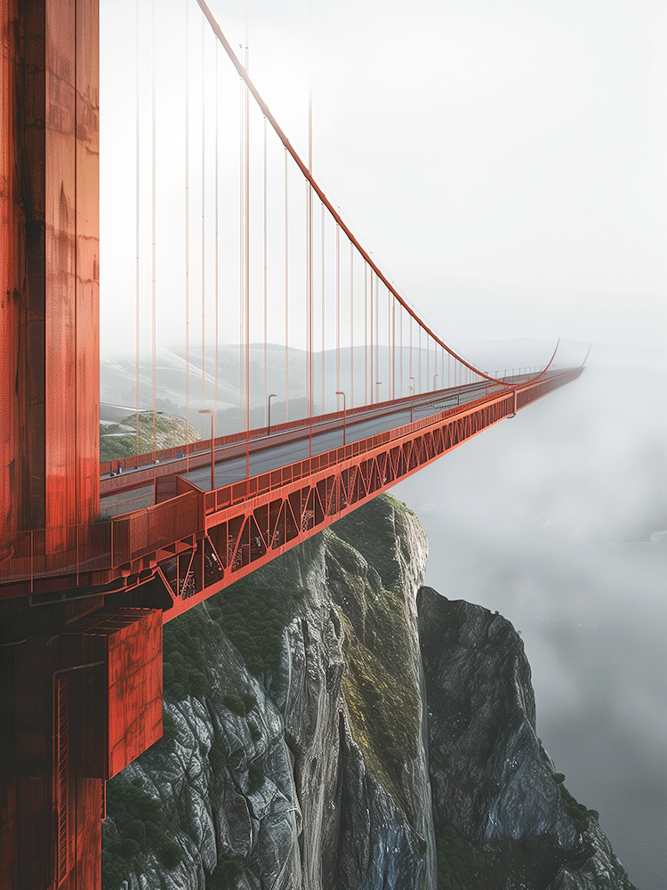 Golden Gate Bridge ending in thin air above a rocky landscape Golden Gate Bridge ending in thin air above a rocky landscape