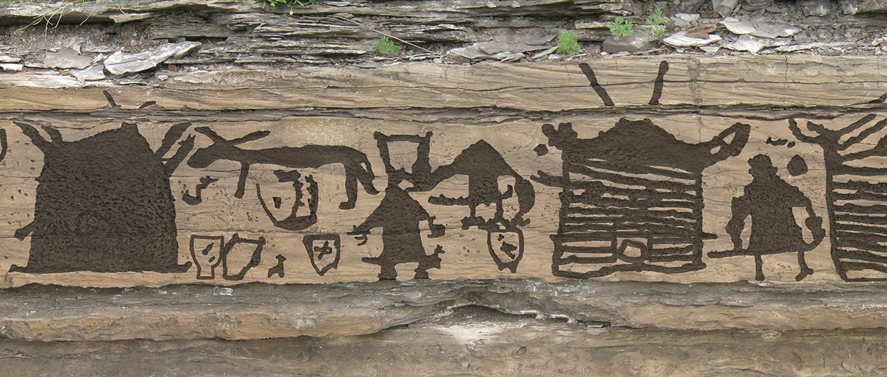 Rock drawings with cauldron depictions (artistic reconstruction)