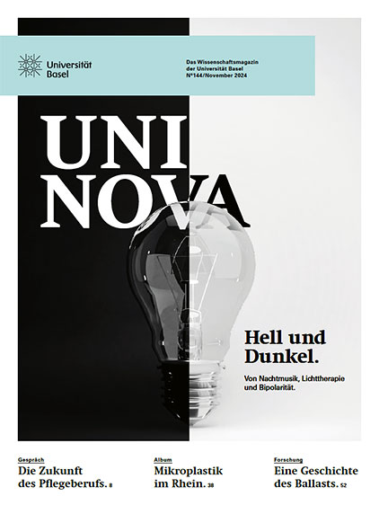 Titelbild von "UNI NOVA," dem Wissenschaftsmagazin der Universität Basel, Ausgabe Nr. 144, November 2024. Das Design ist in ein schwarz-weißes Thema aufgeteilt, mit einer Glühbirne in der Mitte, die zwischen dunkler und heller Seite geteilt ist. Die Hauptüberschrift lautet "Hell und Dunkel" mit einem Untertitel zu Themen wie Nachtmusik, Lichttherapie und Bipolarität. 