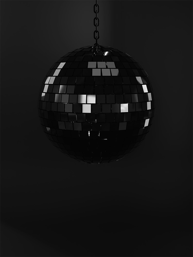 Black image of a disco ball with few reflections Black image of a disco ball with few reflections