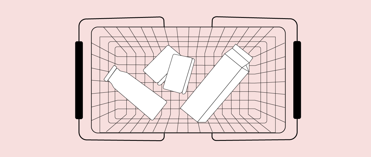 On a light pink background you can see a minimalist illustration of a shopping basket with milk and butter in it.