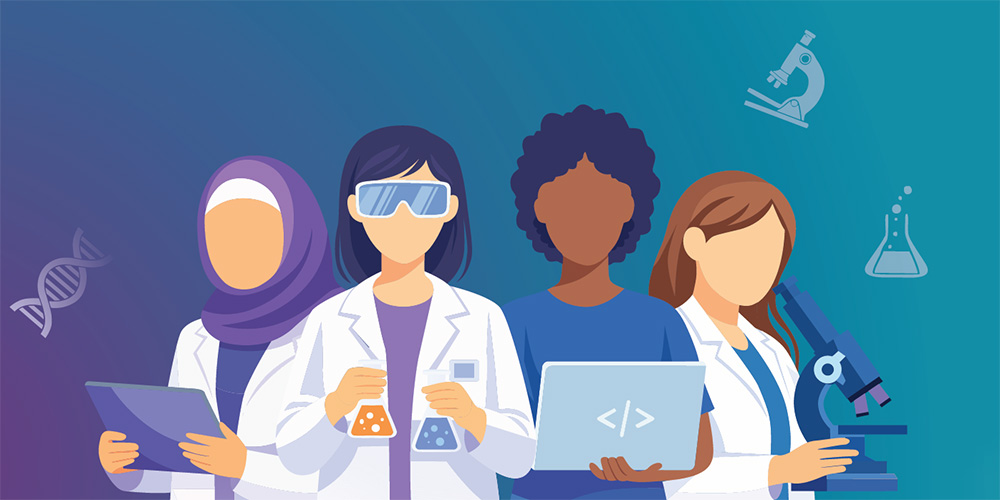 Illustration of a diverse group of scientists wearing lab coats, holding laboratory equipment and a laptop, with science icons in the background. Illustration of a diverse group of scientists wearing lab coats, holding laboratory equipment and a laptop, with science icons in the background.