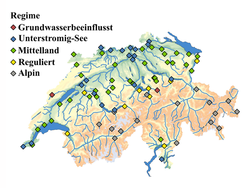 Karte der Schweiz mit verschiedenen hydrologischen Regimetypen, dargestellt durch farbige Rauten. Karte der Schweiz mit verschiedenen hydrologischen Regimetypen, dargestellt durch farbige Rauten.