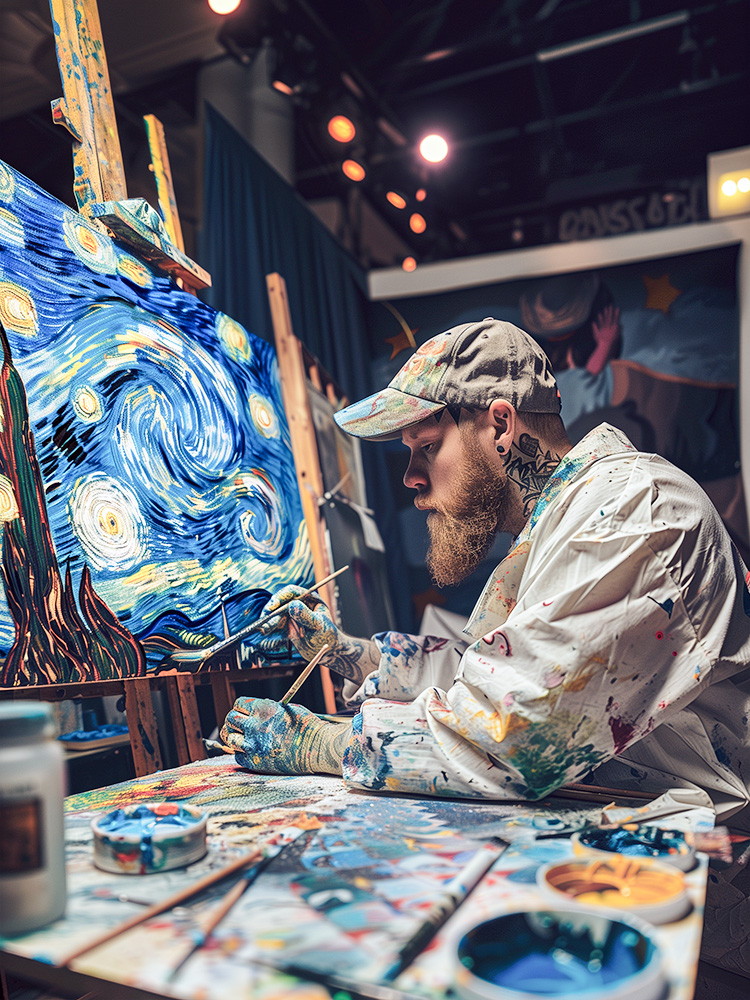 Van Gogh in modern clothes painting the picture "starry night" Van Gogh in modern clothes painting the picture "starry night"
