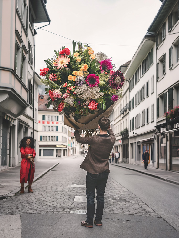 Man holds up a gigantic bouquet of flowers to a woman Man holds up a gigantic bouquet of flowers to a woman