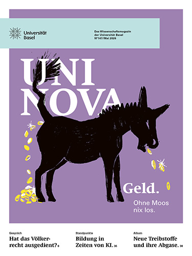 Magazincover mit violettem Hintergrund und einer stilisierten schwarzen Eselsilhouette, umgeben von kleinen gelben Münzen und Bienen. Große weiße Schrift „UNI NOVA“, dazu kleiner Text „Geld. Ohne Moos nix los.“ sowie weitere Artikelüberschriften; im Kopfbereich „Universität Basel“.