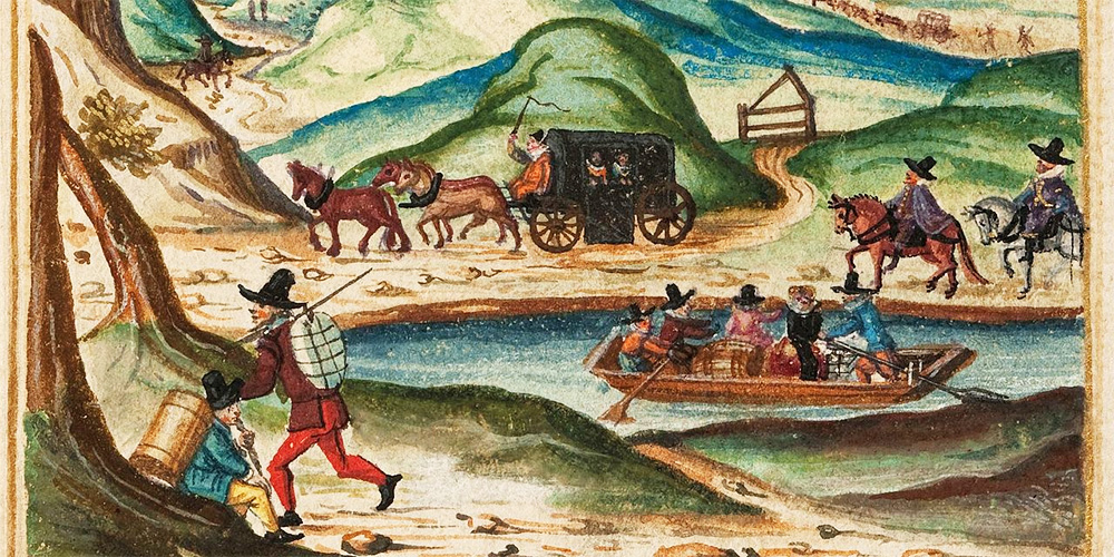 Illustrierte historische Szene mit einer pferdegezogenen Kutsche auf einem Weg, einem Boot mit Passagieren auf einem Fluss und Reitern zu Pferd in einer ländlichen Landschaft. Illustrierte historische Szene mit einer pferdegezogenen Kutsche auf einem Weg, einem Boot mit Passagieren auf einem Fluss und Reitern zu Pferd in einer ländlichen Landschaft.