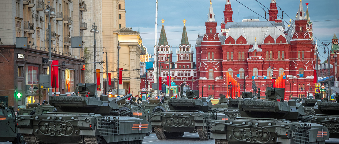 Russian army tanks at a Victory Day parade in Moscow.