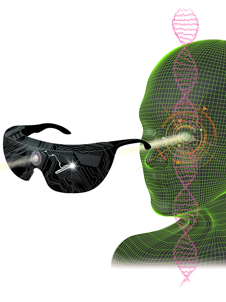 The retina of a blind person is made light sensitive using optogenetic therapy and is illuminated by light-stimulating goggles that capture images from the visual world using a neuromorphic camera. The retina of a blind person is made light sensitive using optogenetic therapy and is illuminated by light-stimulating goggles that capture images from the visual world using a neuromorphic camera.