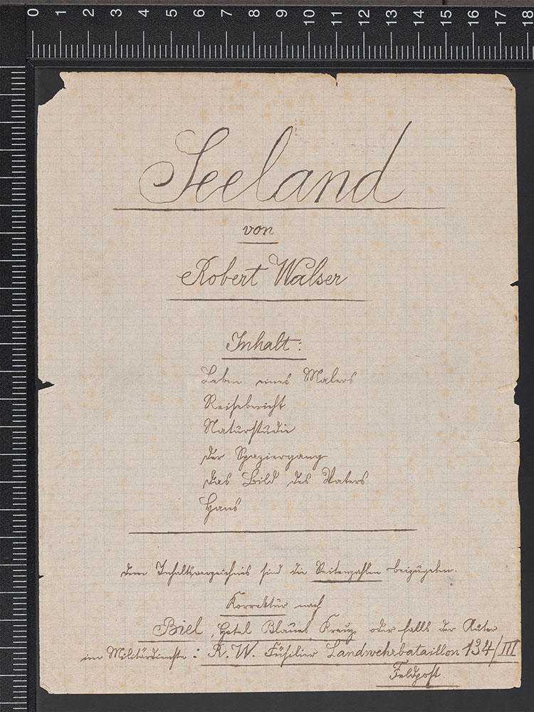 Picture of a handwritten title page named "Seeland" by Robert Walser. Picture of a handwritten title page named "Seeland" by Robert Walser.