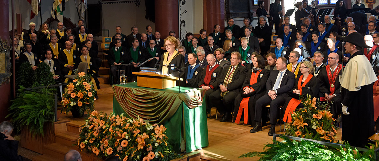 Andrea Schenker-Wicki, President of the University of Basel, during her speech at the Dies academicus 2024.